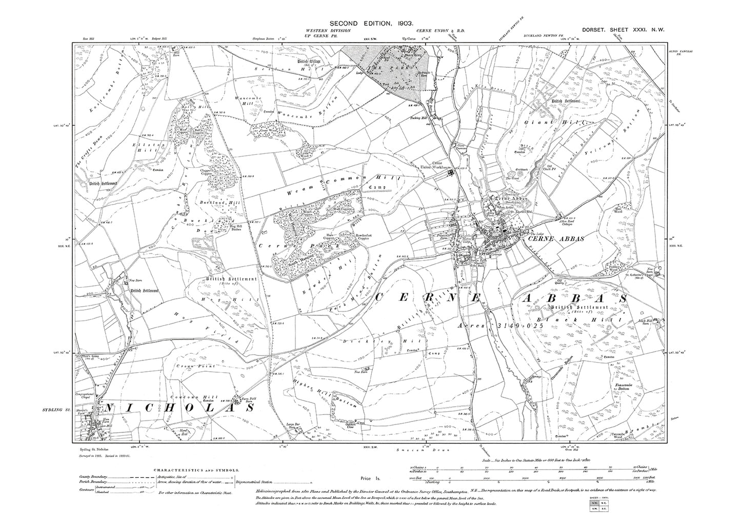 Old OS map dated 1903, showing Cerne Abbas, Sydling St Nicholas (northeast) in Dorset - 31NW