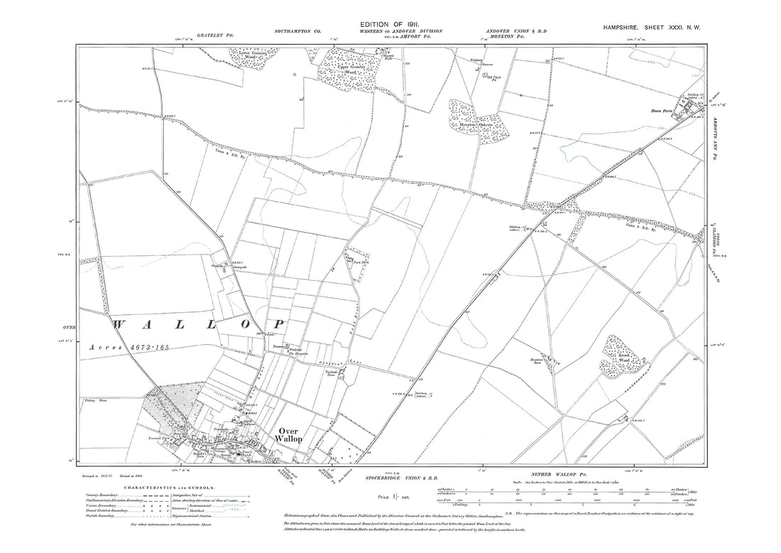 Old OS map dated 1911, showing Over Wallop in Hampshire - 31NW – Old ...