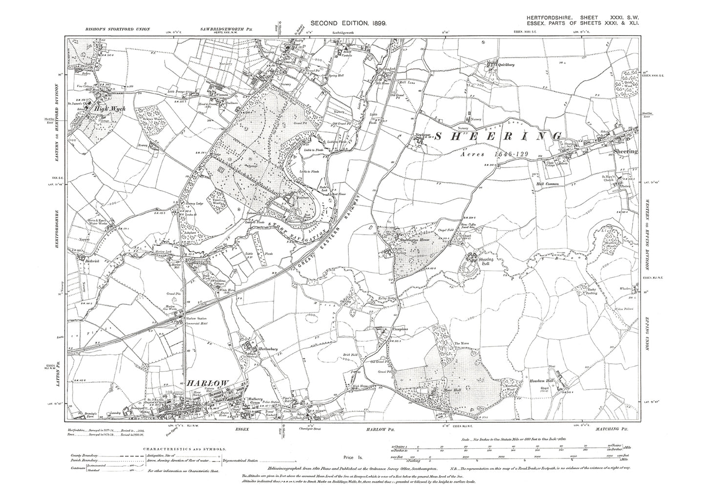 Old OS map dated 1899, showing Sawbridgeworth (south), High Wych in Hertfordshire - 31SW