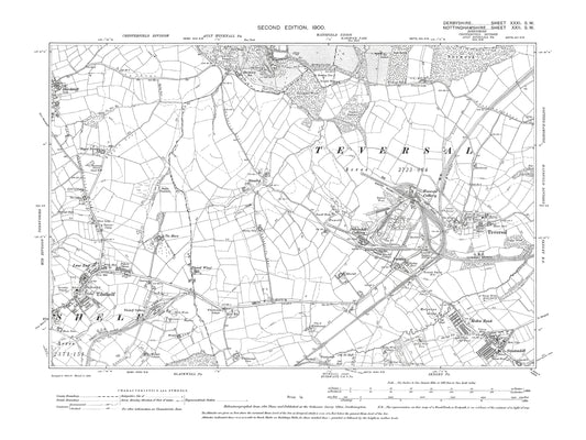Old OS map dated 1900, showing Teversal, Tibshelf, Hardstoft in Derbyshire 31SW