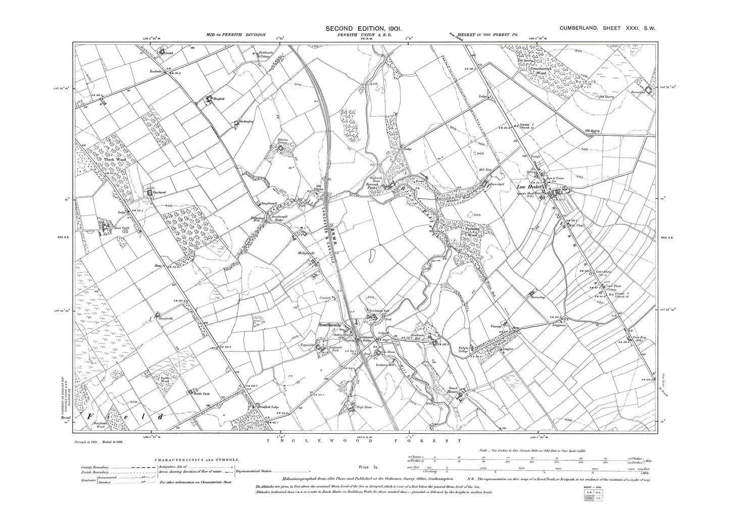 Old OS map dated 1901, showing Southwaite, Low Hesket in Cumberland - 31SW