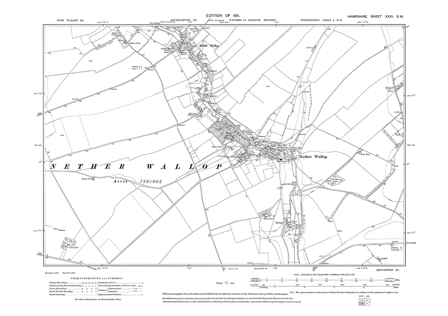 Old OS map dated 1911, showing Middle Wallop, Nether Wallop in Hampshire - 31SW