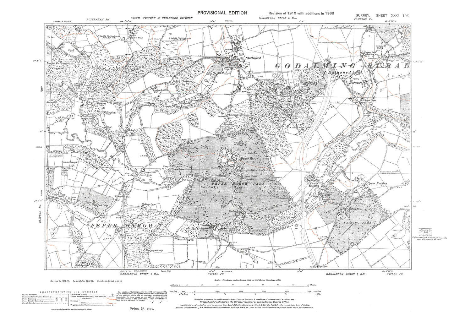 Shackleford, Peper Harow, Norney, Eashing old map Surrey 1938: 31SW