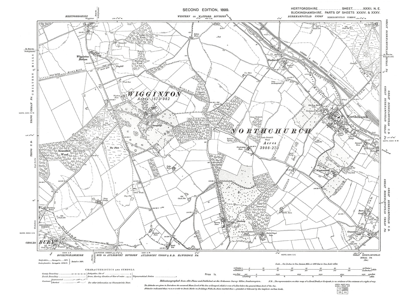 Old OS map dated 1899, showing Northchurch in Hertfordshire - 32NE