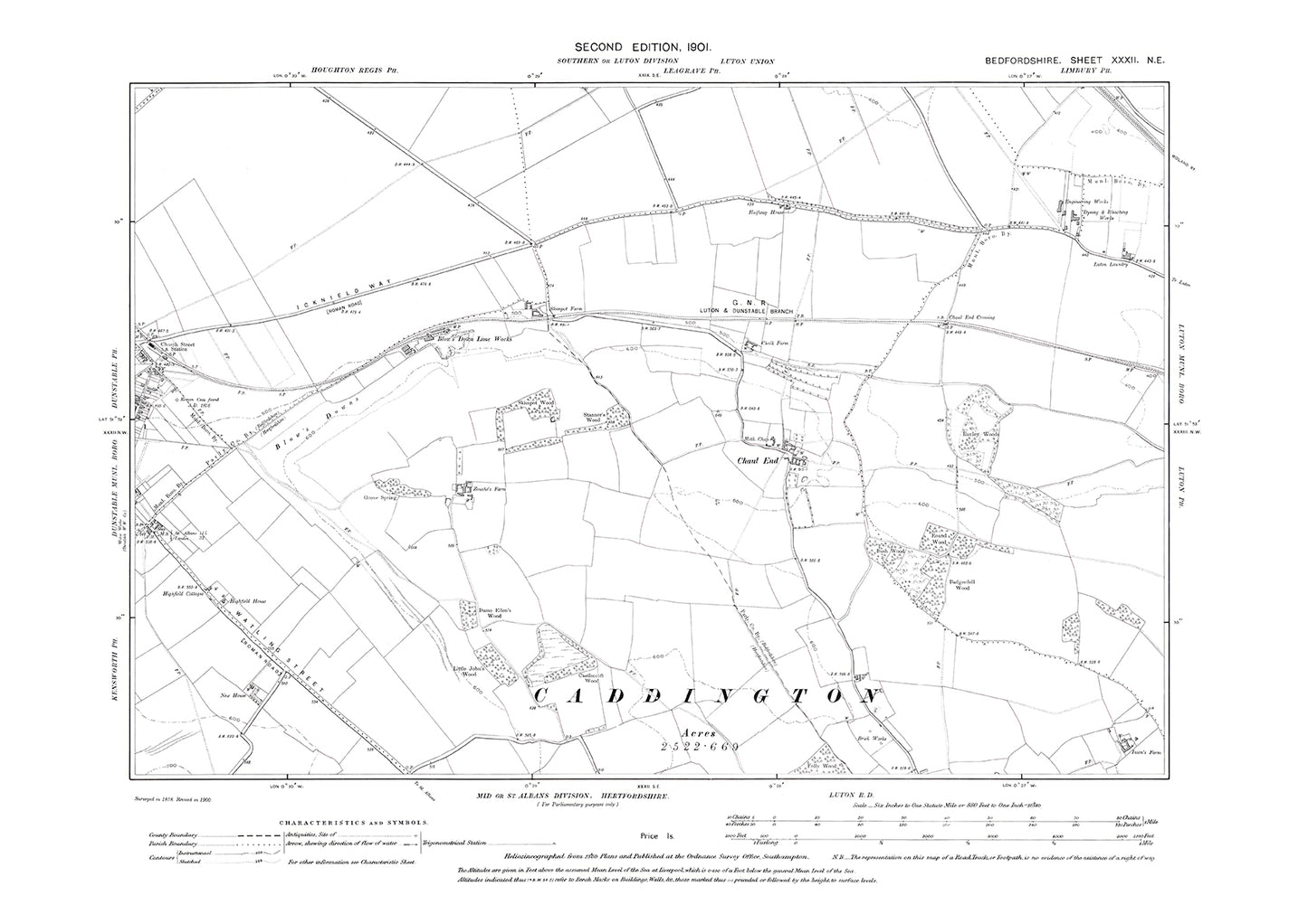 Dunstable (east), Blow's Down, Chauls End, old map Bedfordshire 1901: 32NE