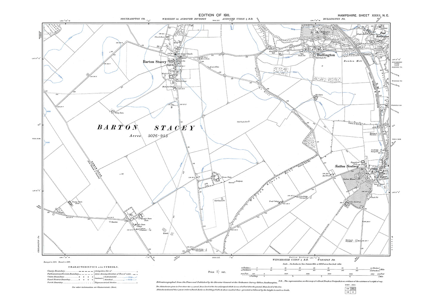 Old OS map dated 1911, showing Bullington, Barton Stacey, Sutton Scotney in Hampshire - 32NE