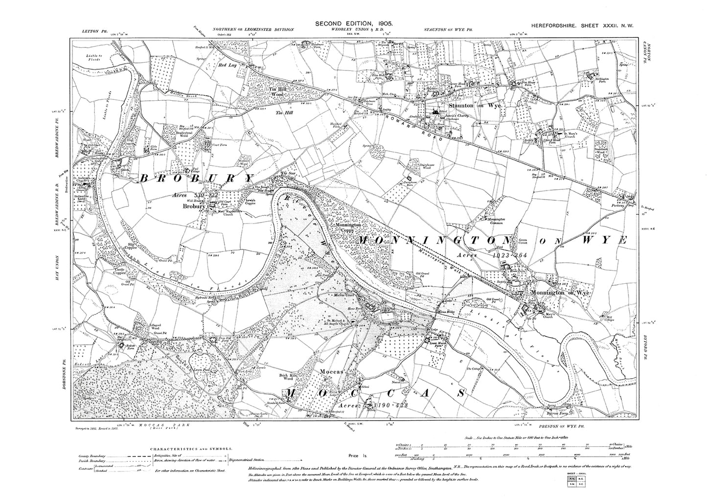 Old OS map dated 1905, showing Staunton on Wye, Monnington on Wye in Herefordshire - 32NW