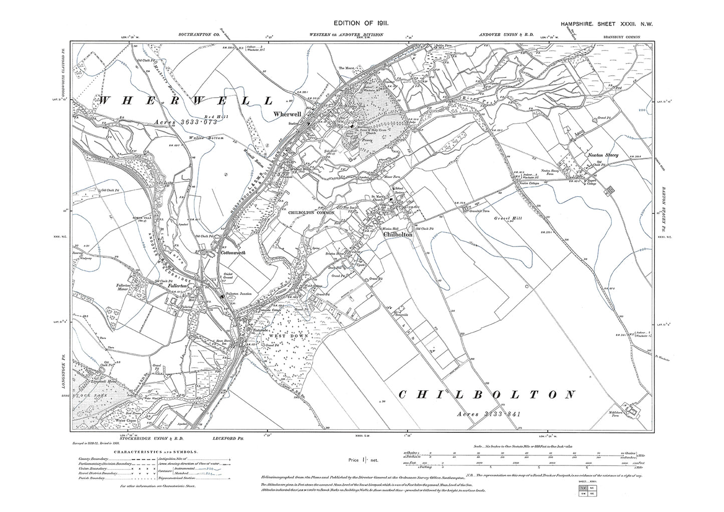 Old OS map dated 1911, showing Wherwell, Chilbolton in Hampshire - 32NW