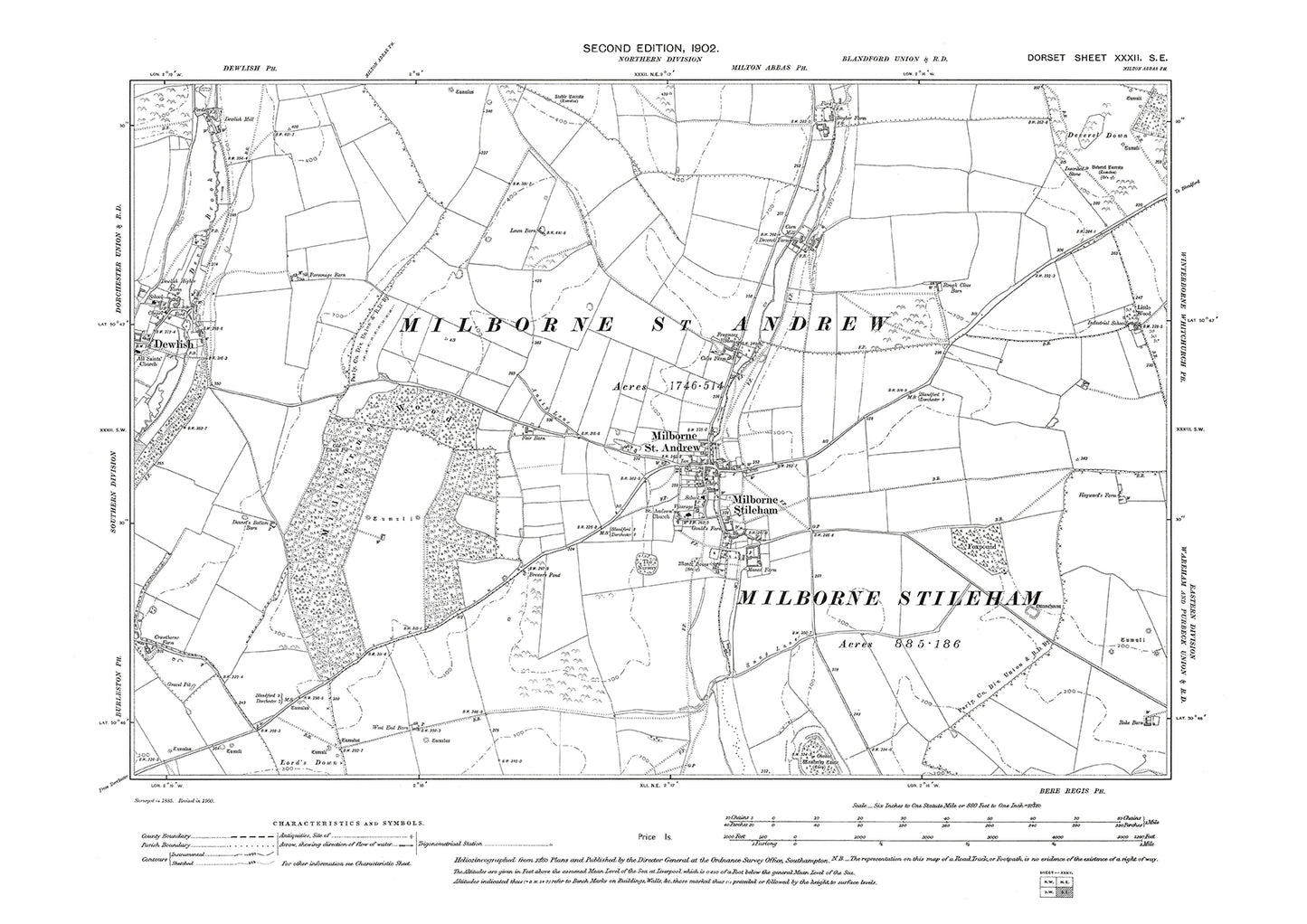 Old OS map dated 1902, showing Milborne St Andrew, Milborne Stileham, Dewlish (east) in Dorset - 32SE