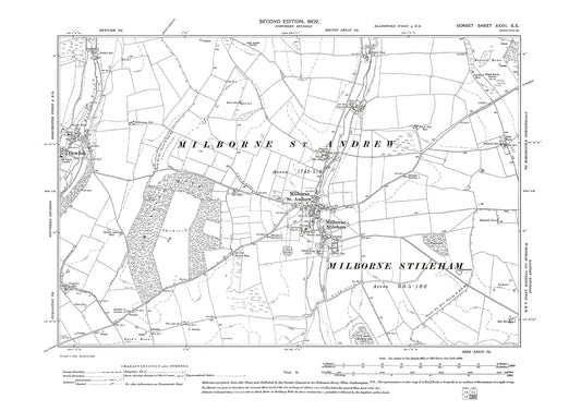 Old OS map dated 1902, showing Milborne St Andrew, Milborne Stileham, Dewlish (east) in Dorset - 32SE