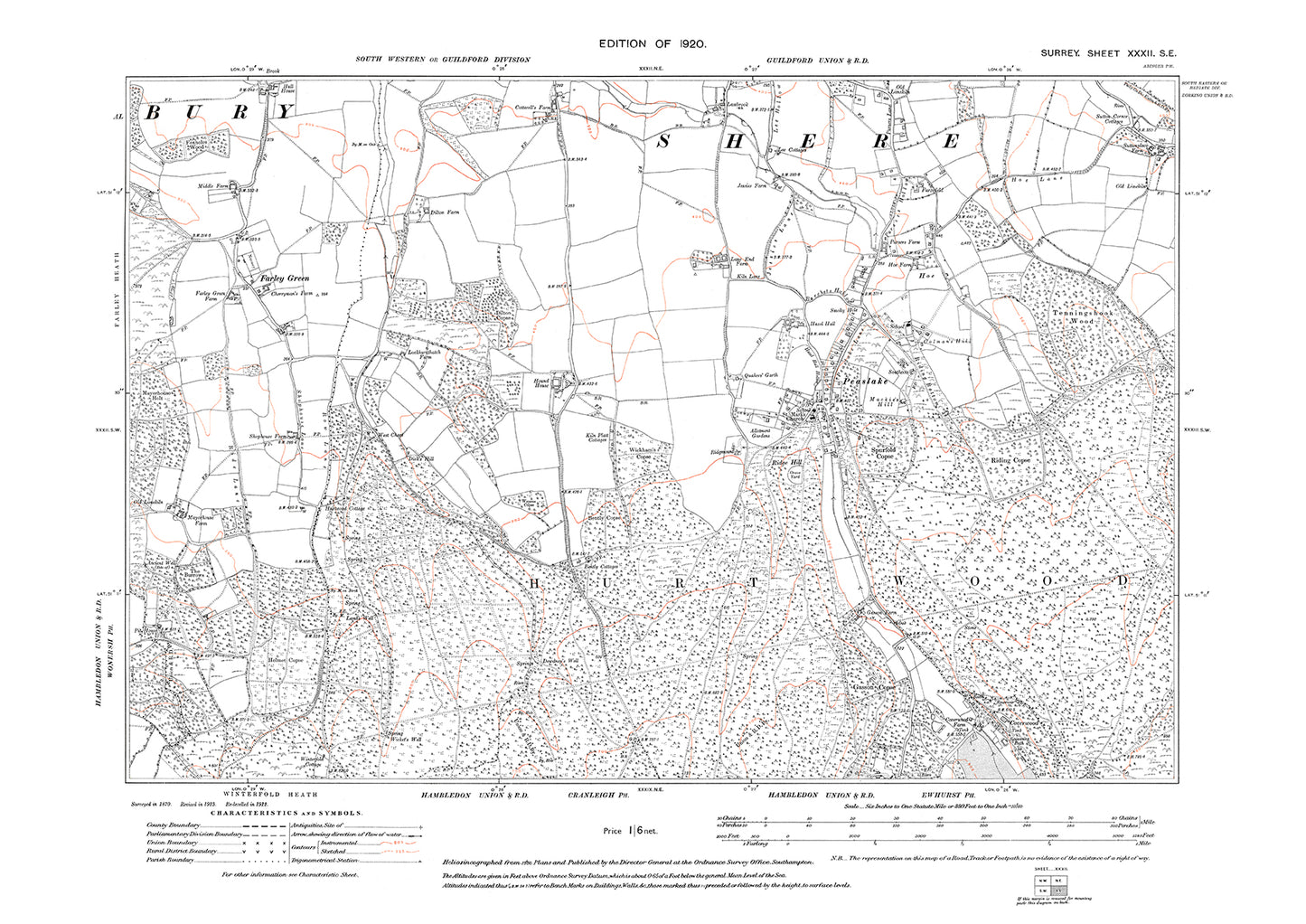 Peaslake, Farley Green old map Surrey 1920: 32SE