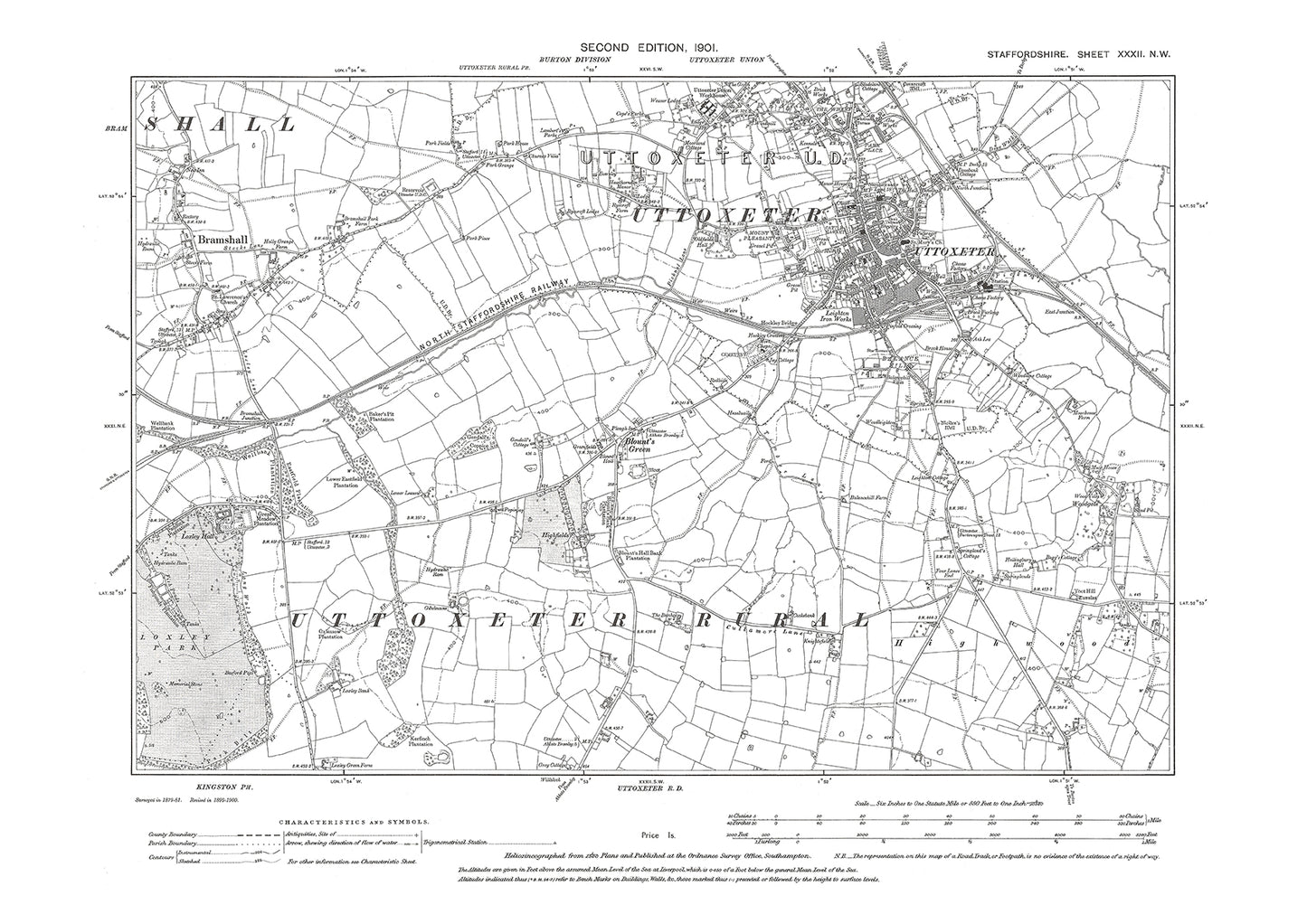 Uttoxeter, Bramshall, Blount's Green, old map Staffs 1901: 32NW