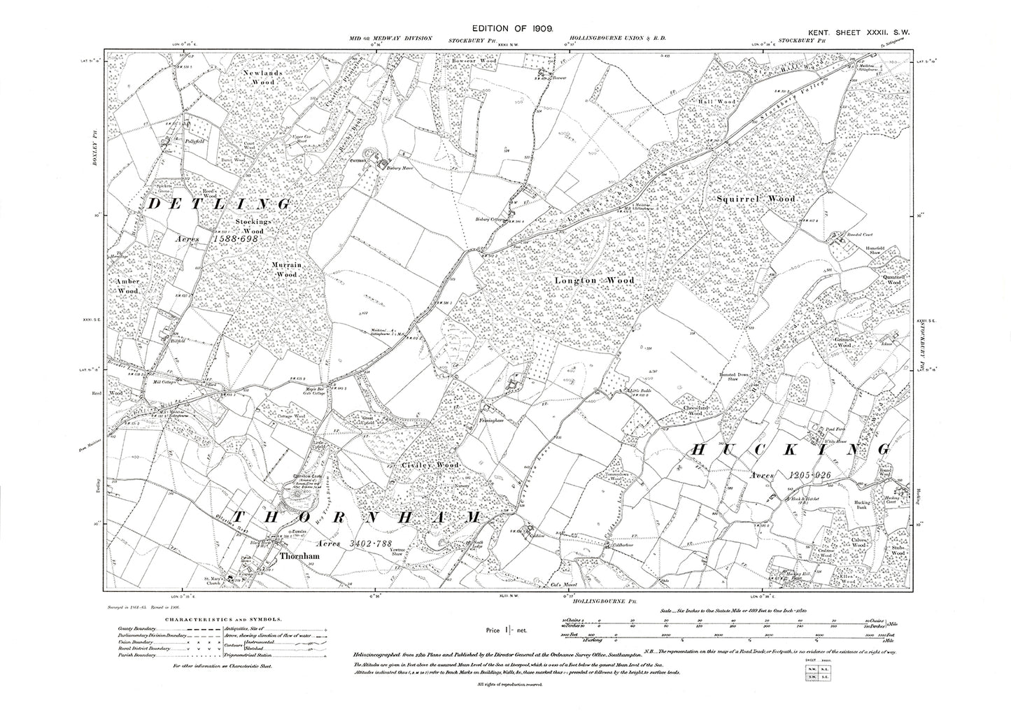 Thurnham (Thornham), Hucking, old map Kent 1909: 32SW