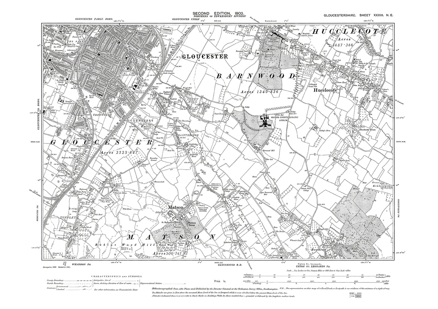 Old OS map dated 1903, showing Gloucester (southeast), Hucclecote, Matson in Gloucestershire - 33NE