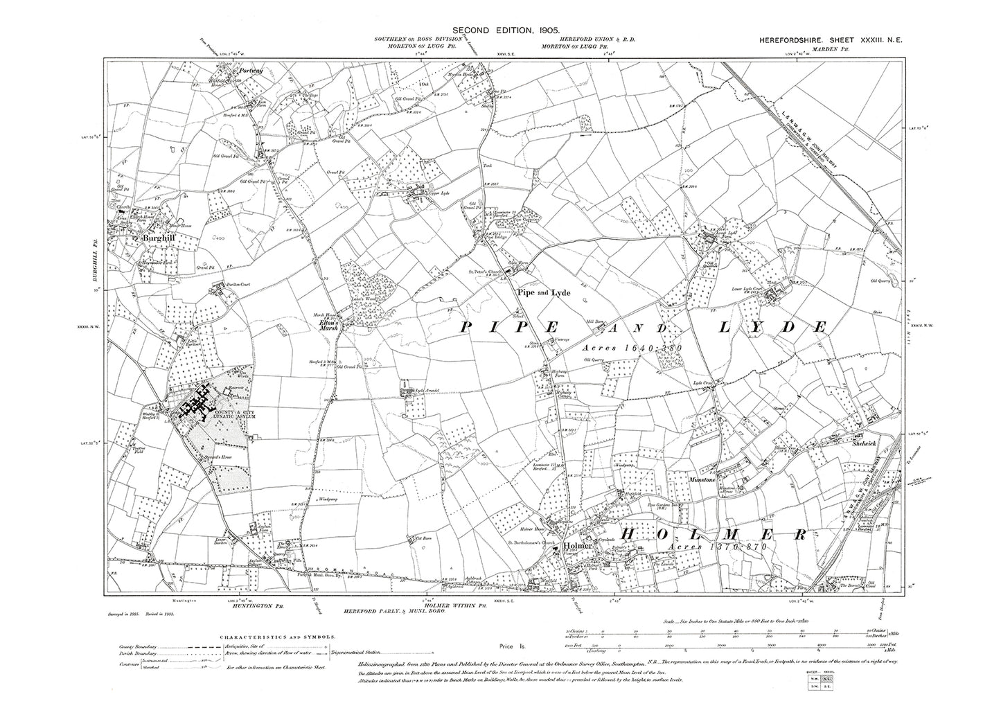 Old OS map dated 1905, showing Holmer, Burghill, Pipe and Lyde in Herefordshire - 33NE