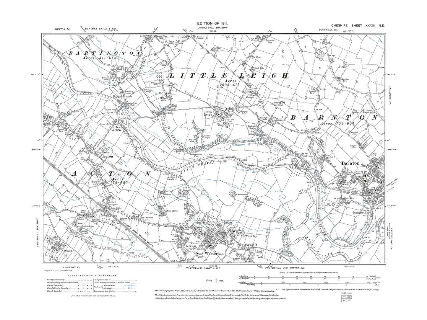 Old OS map dated 1911, showing Barnton (west), Weaverham, Acton, Little Leigh in Cheshire 33NE
