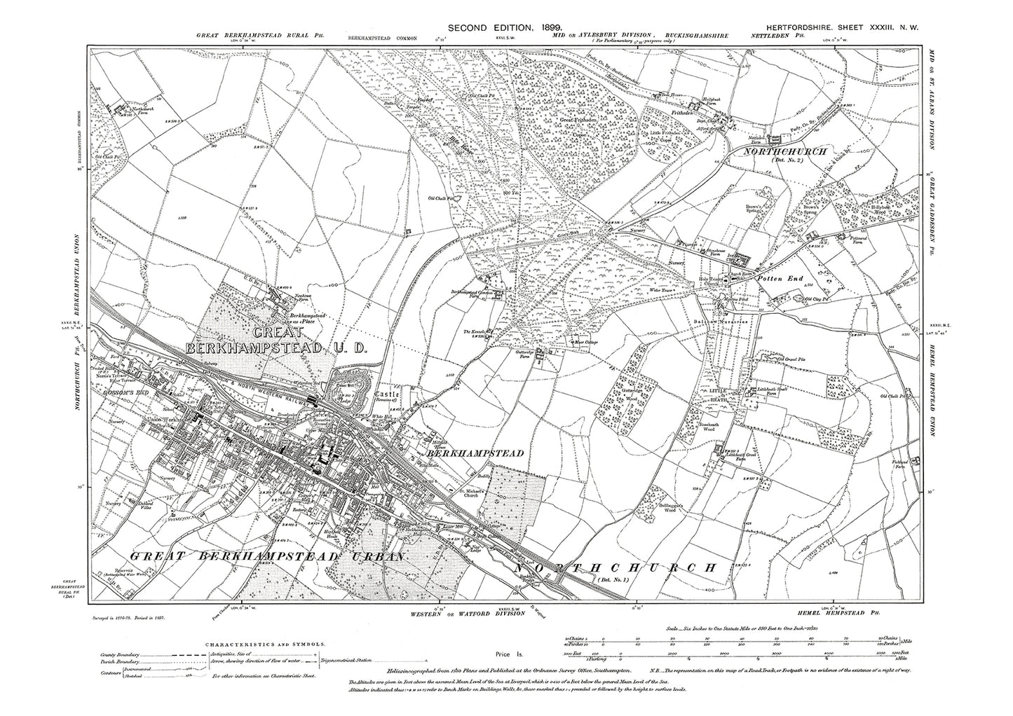 Old OS map dated 1899, showing Berkhampstead, Northchurch in Hertfordshire - 33NW