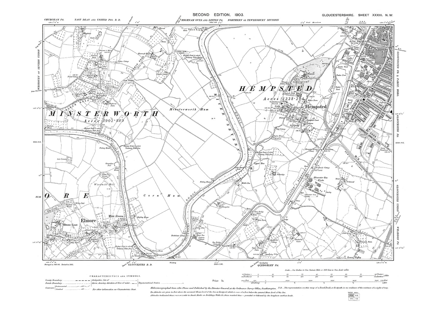 Old OS map dated 1903, showing Gloucester (southwest), Hempsted, Minsterworth, Elmore in Gloucestershire - 33NW
