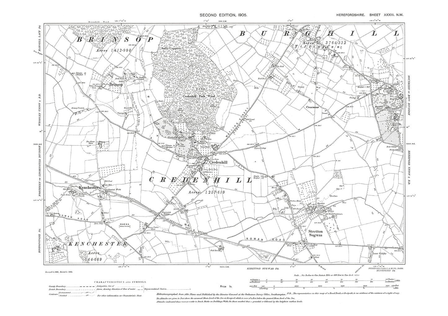 Old OS map dated 1905, showing Credenhill, Burghill (west), Stretton Sugwas, Kenchester in Herefordshire - 33NW