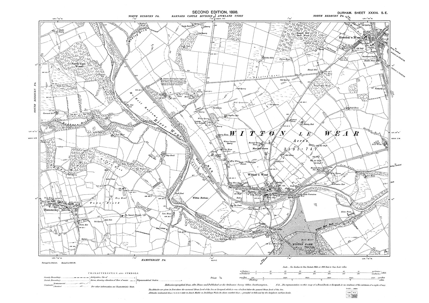 Old OS map dated 1898, showing Witton le Wear, Howden le Wear and Hams ...