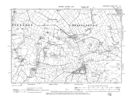 Old OS map dated 1900, showing Ballidon, Brassington, Longcliffe in Derbyshire 33SE
