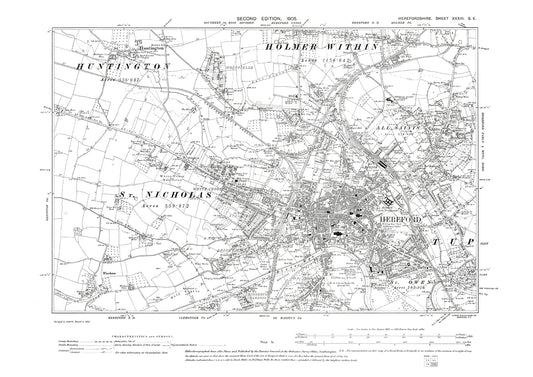 Old OS map dated 1905, showing Hereford, Holmer, Huntington in Herefordshire - 33SE