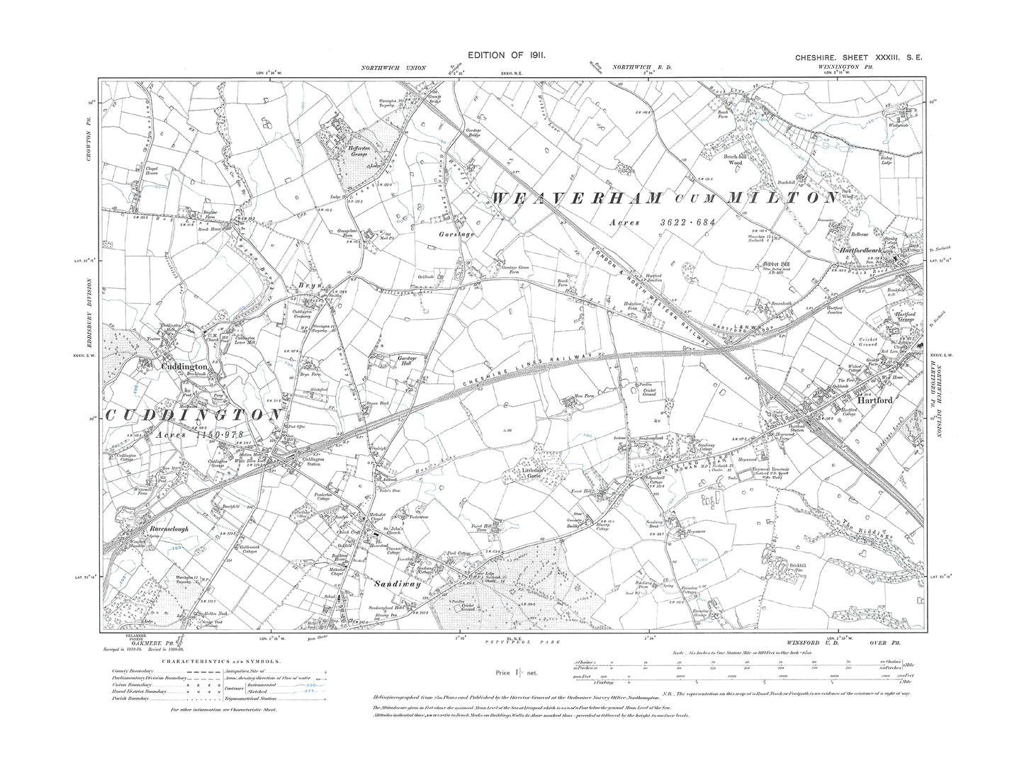 Old OS map dated 1911, showing Cuddington, Sandiway, Hartford (west) in Cheshire 33SE