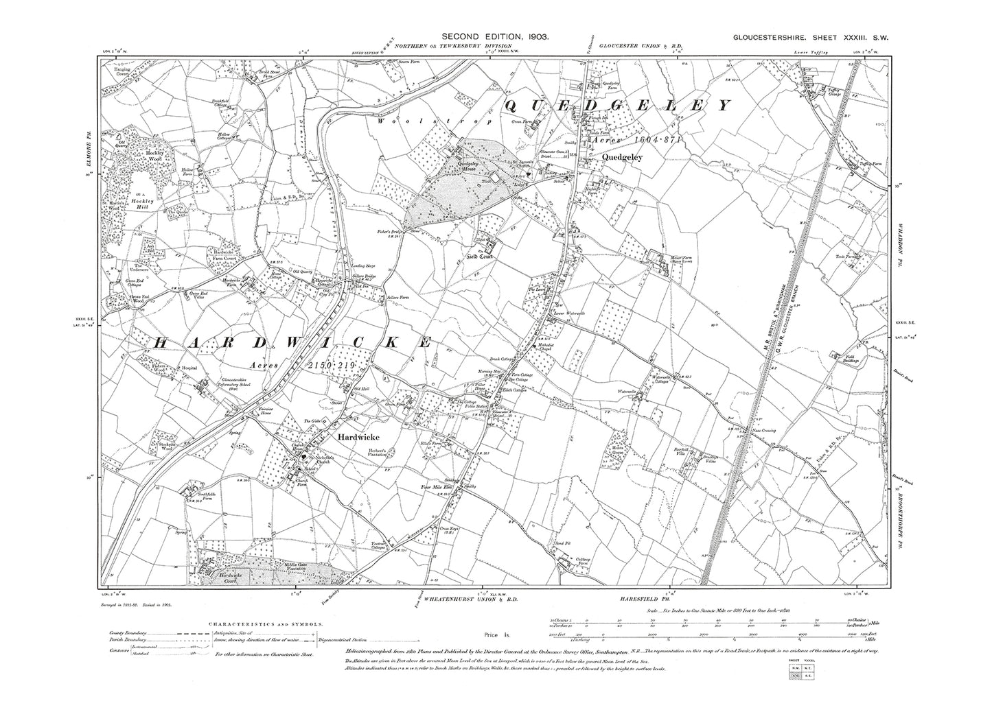 Old OS map dated 1903, showing Quedgeley, Hardwicke in Gloucestershire - 33SW