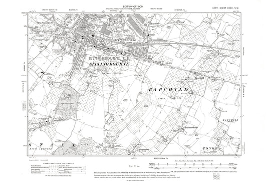 Sittingbourne, Bapchild, Tunstall, old map Kent 1909: 33NW