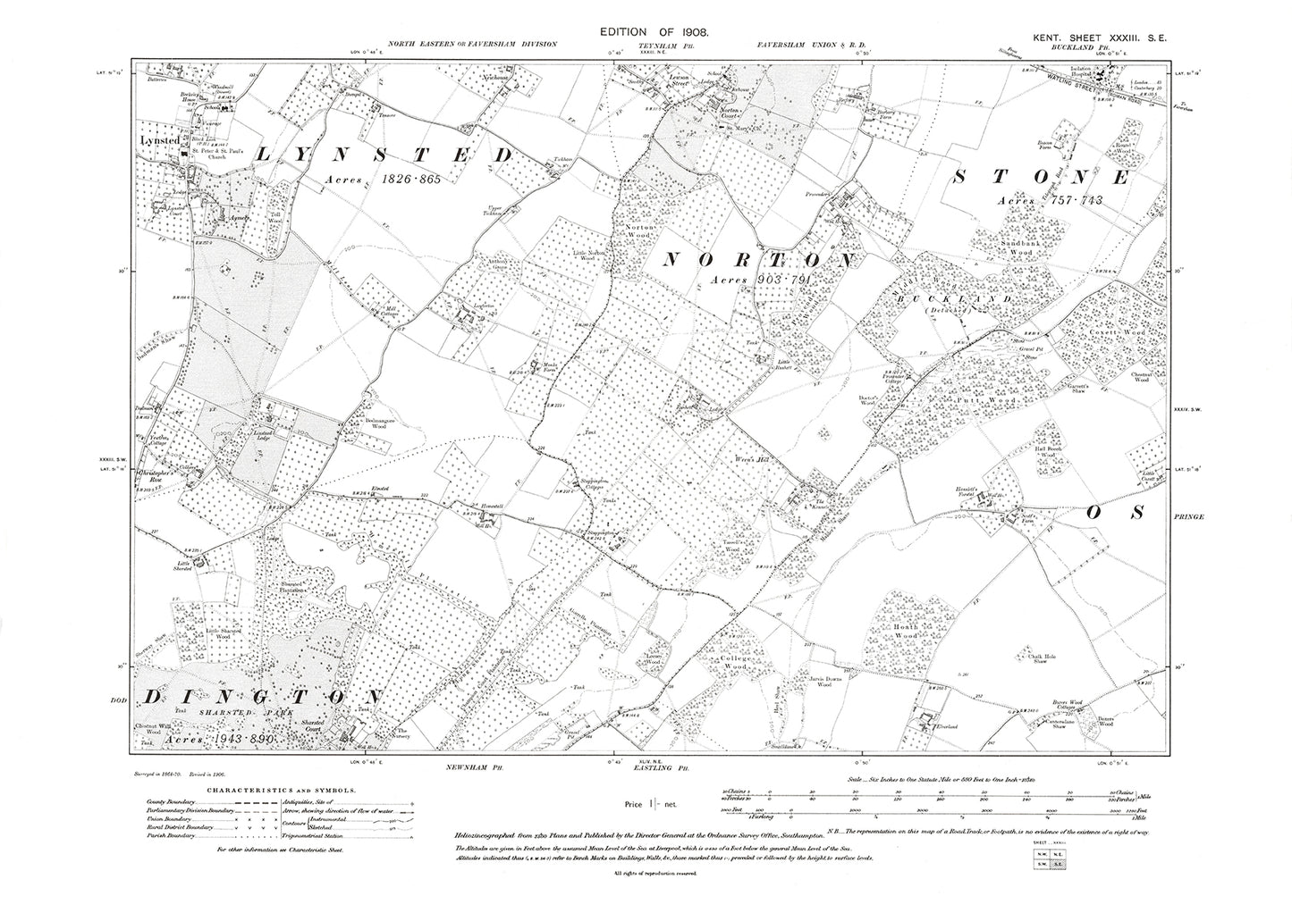 Lynsted, Teynham (south), old map Kent 1908: 33SE