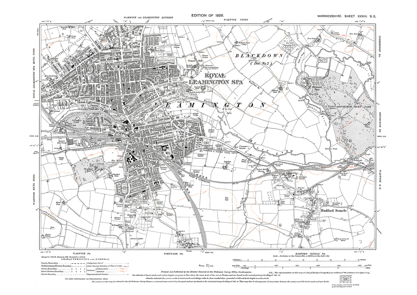 Leamington Spa, Radford Semele, old map Warwickshire 1926: 33SE