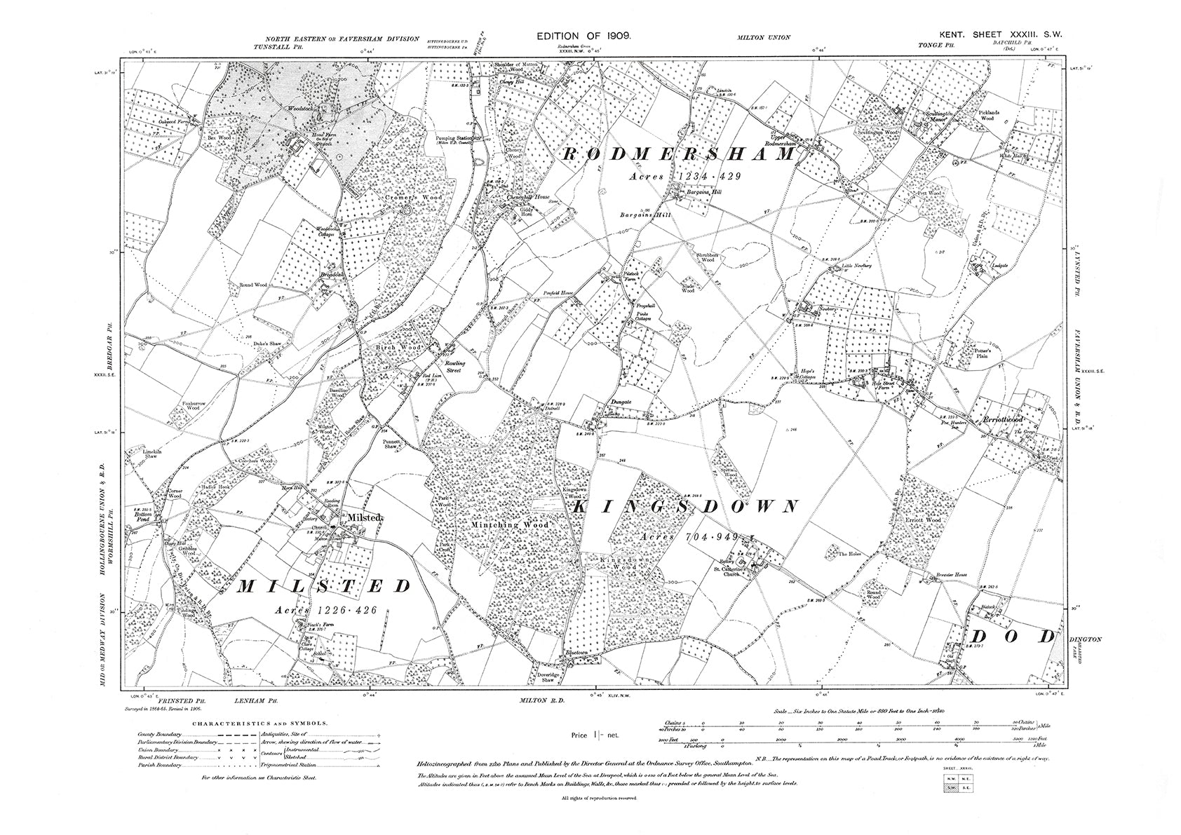 Milsted, Kingsdown, Rodmersham, old map Kent 1909: 33SW – Old Map Downloads