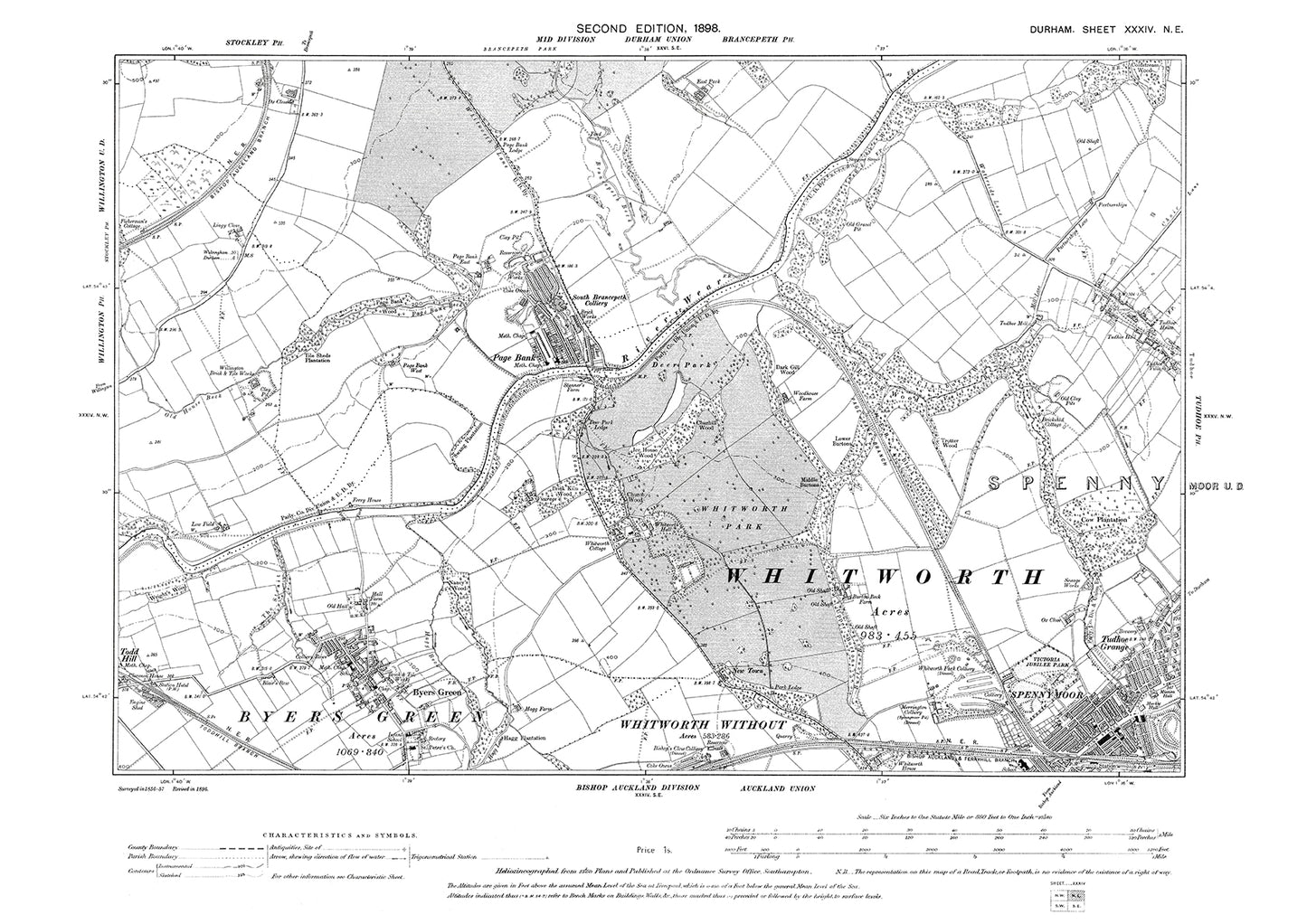 Old OS map dated 1898, showing Spennymore, Byers Green and Page Bank in Durham - 34NE