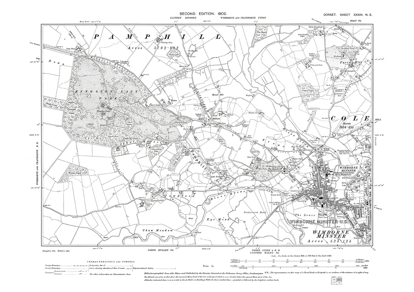 Old OS map dated 1902, showing Wimborne Minster, Pamphill, Chilbridge in Dorset - 34NE