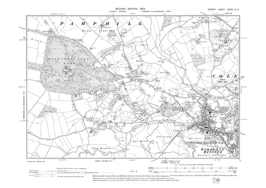 Old OS map dated 1902, showing Wimborne Minster, Pamphill, Chilbridge in Dorset - 34NE