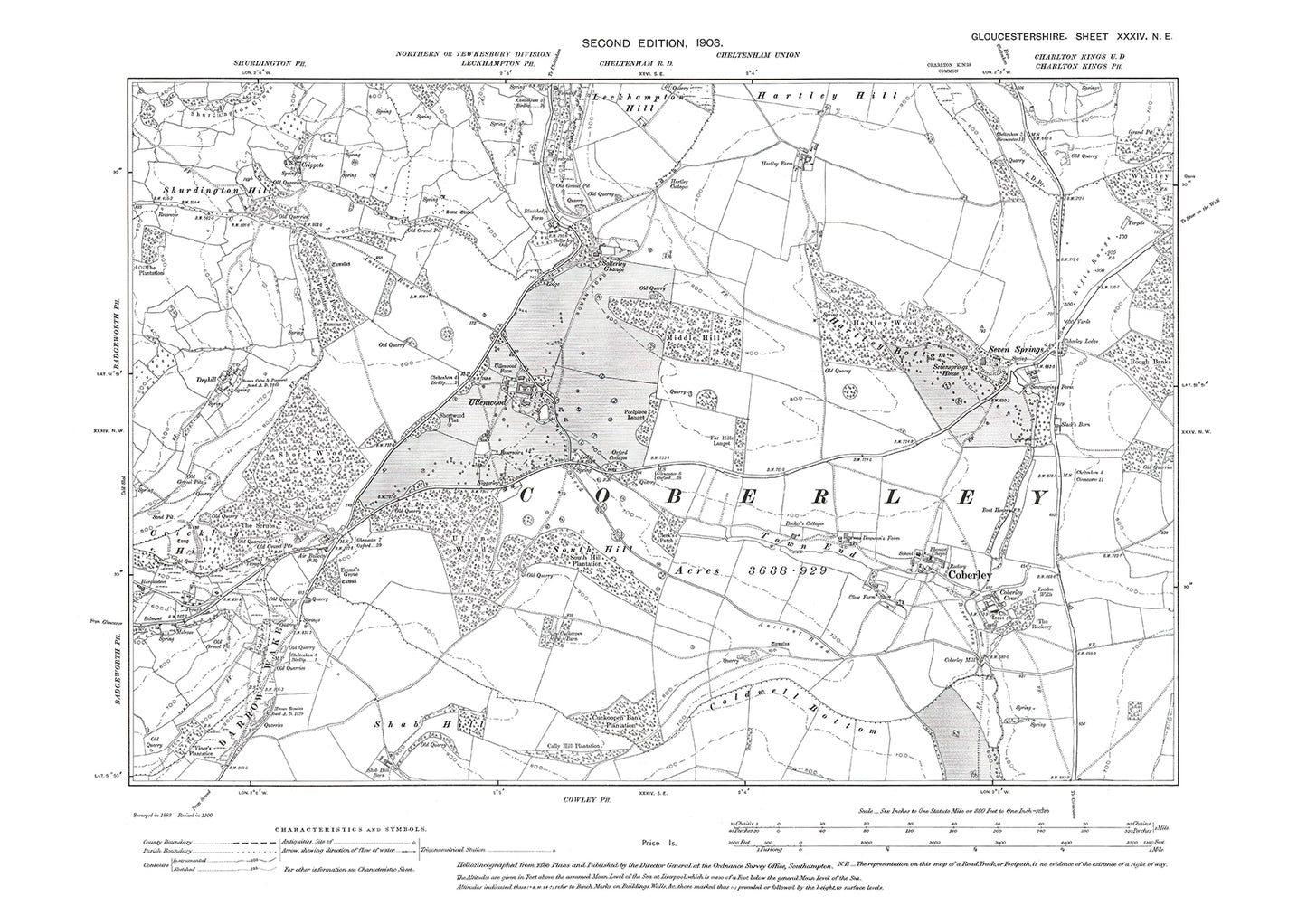 Old OS map dated 1903, showing Coberley in Gloucestershire - 34NE