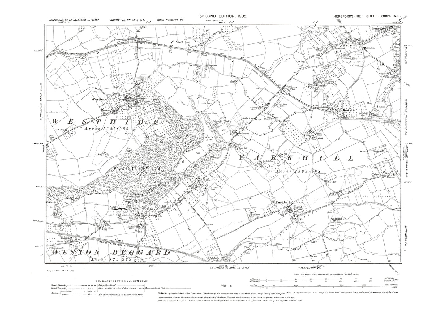 Old OS map dated 1905, showing Westhide, Yarkhall, Shucknall in Herefordshire - 34NE