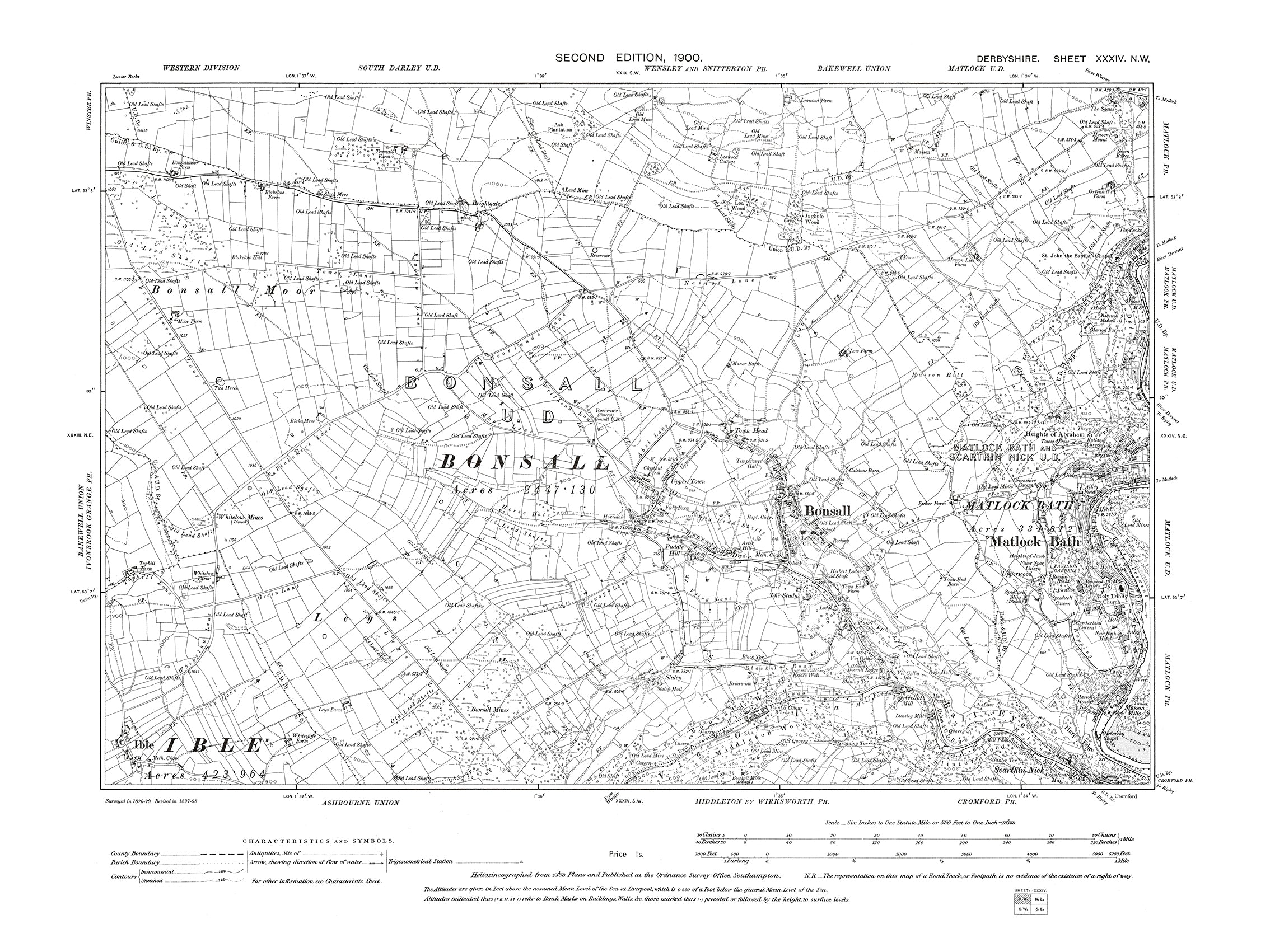 Old OS Map Dated 1900 Showing Matlock Bath Bonsall In Derbyshire 34N Old OS Map Dated 1900 Showing Matlock Bath Bonsall In Derbyshire 34N