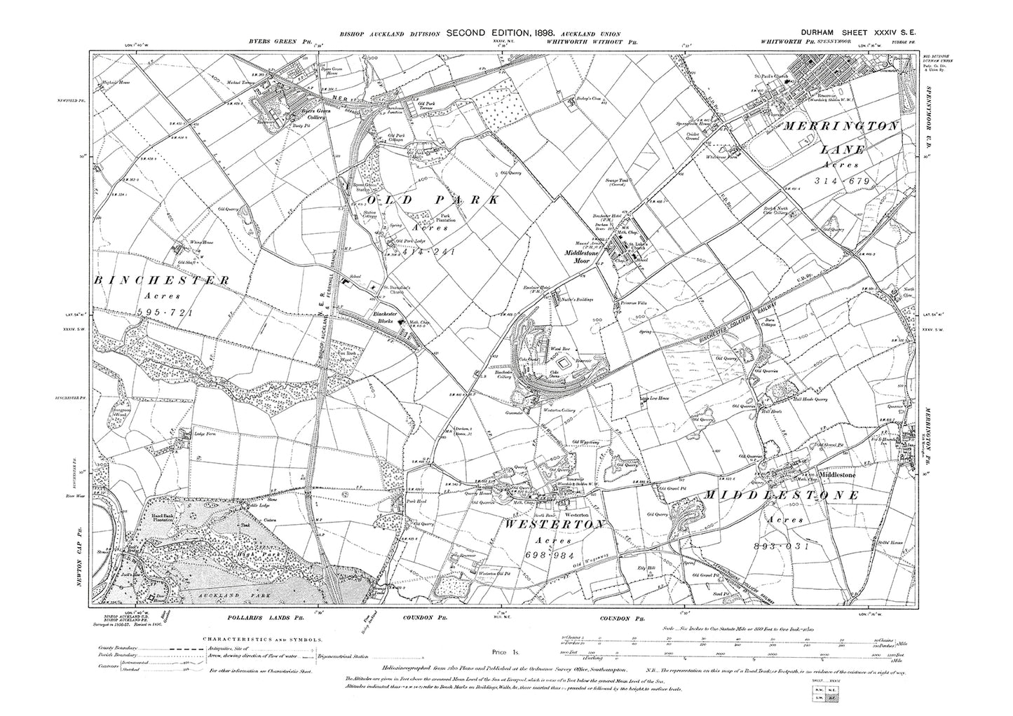 Old OS map dated 1898, showing Westerton, Middlestone and Merrington Lane in Durham - 34SE