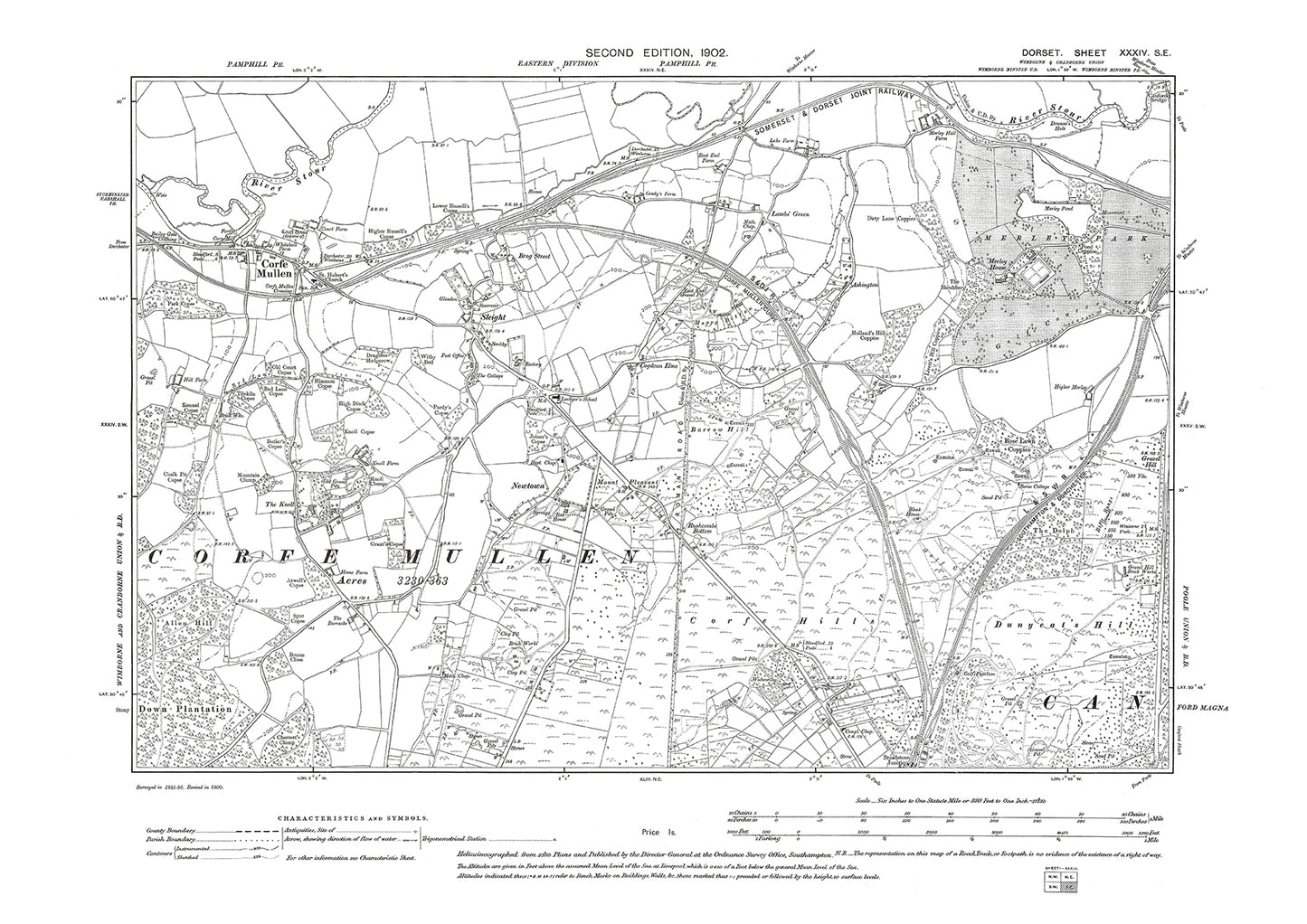 Old OS map dated 1902, showing Corfe Mullen, Sleight, Merley Park, Broadstone (north) in Dorset - 34SE