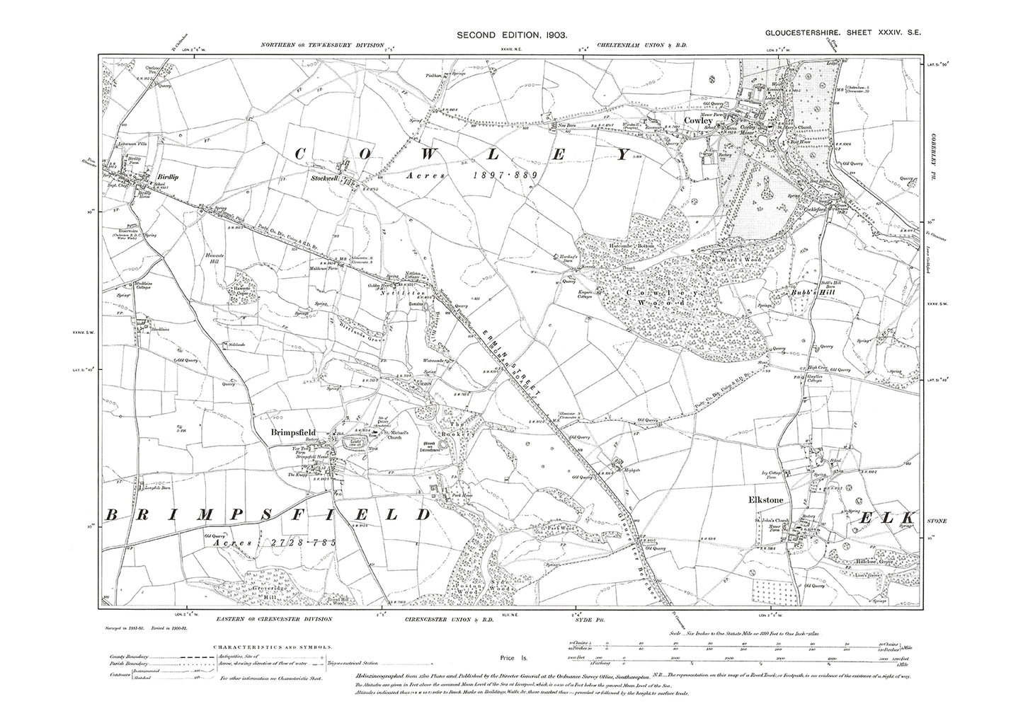 Old OS map dated 1903, showing Brimpsfield, Cowley, Elkstone in Gloucestershire - 34SE