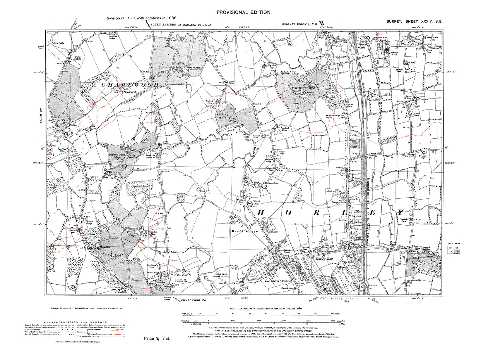 Horley Map Horley Row, Lee Street, Meath Green old map Surrey 1938: 34SE – Old Map ...