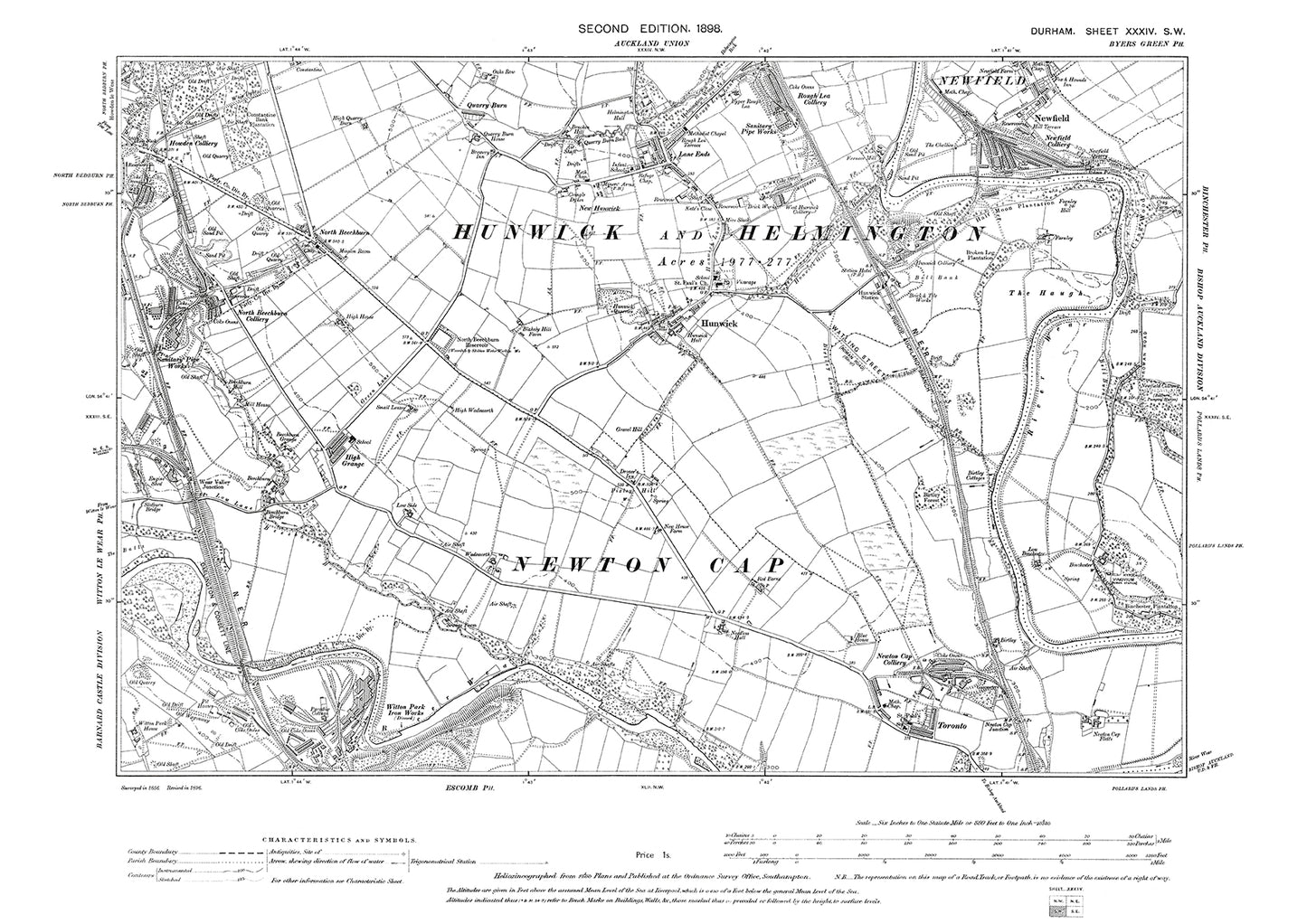 Old OS map dated 1898, showing Hunwick, Newfield and North Beechburn in Durham - 34SW