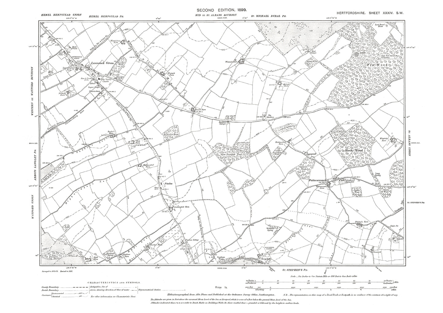 Old OS map dated 1899, showing Leverstock Green in Hertfordshire - 34SW