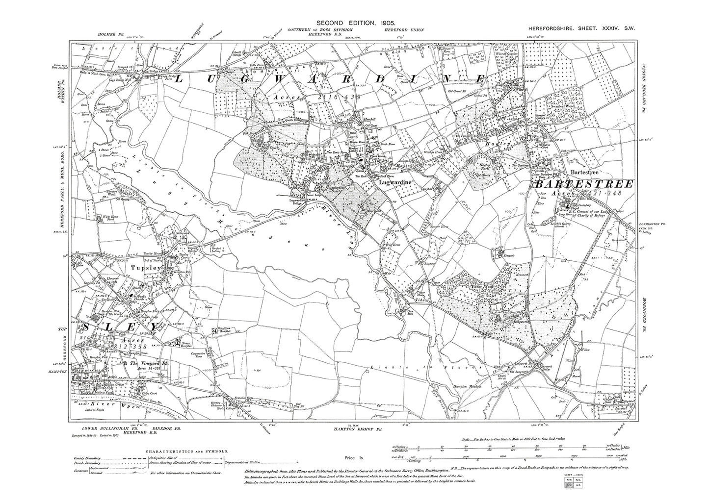 Old OS map dated 1905, showing Lugwardine, Bartestree, Tupsley in Herefordshire - 34SW