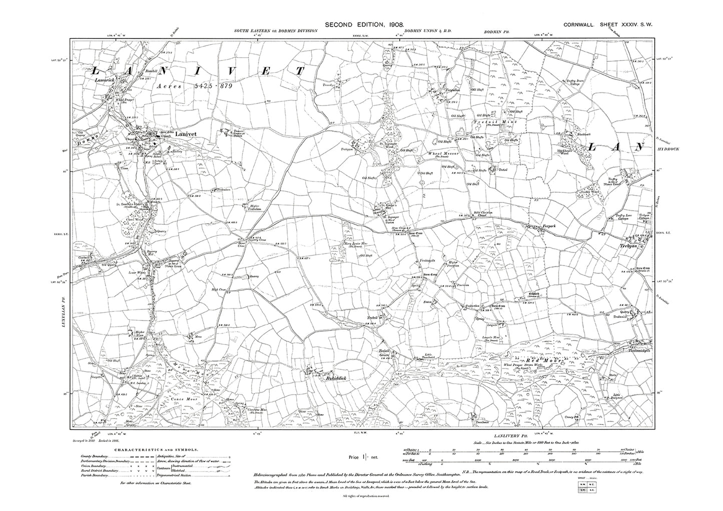 Lanivet, Trebyan (west), old map Cornwall 1908: 34SW