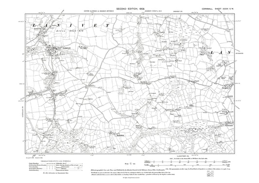 Lanivet, Trebyan (west), old map Cornwall 1908: 34SW