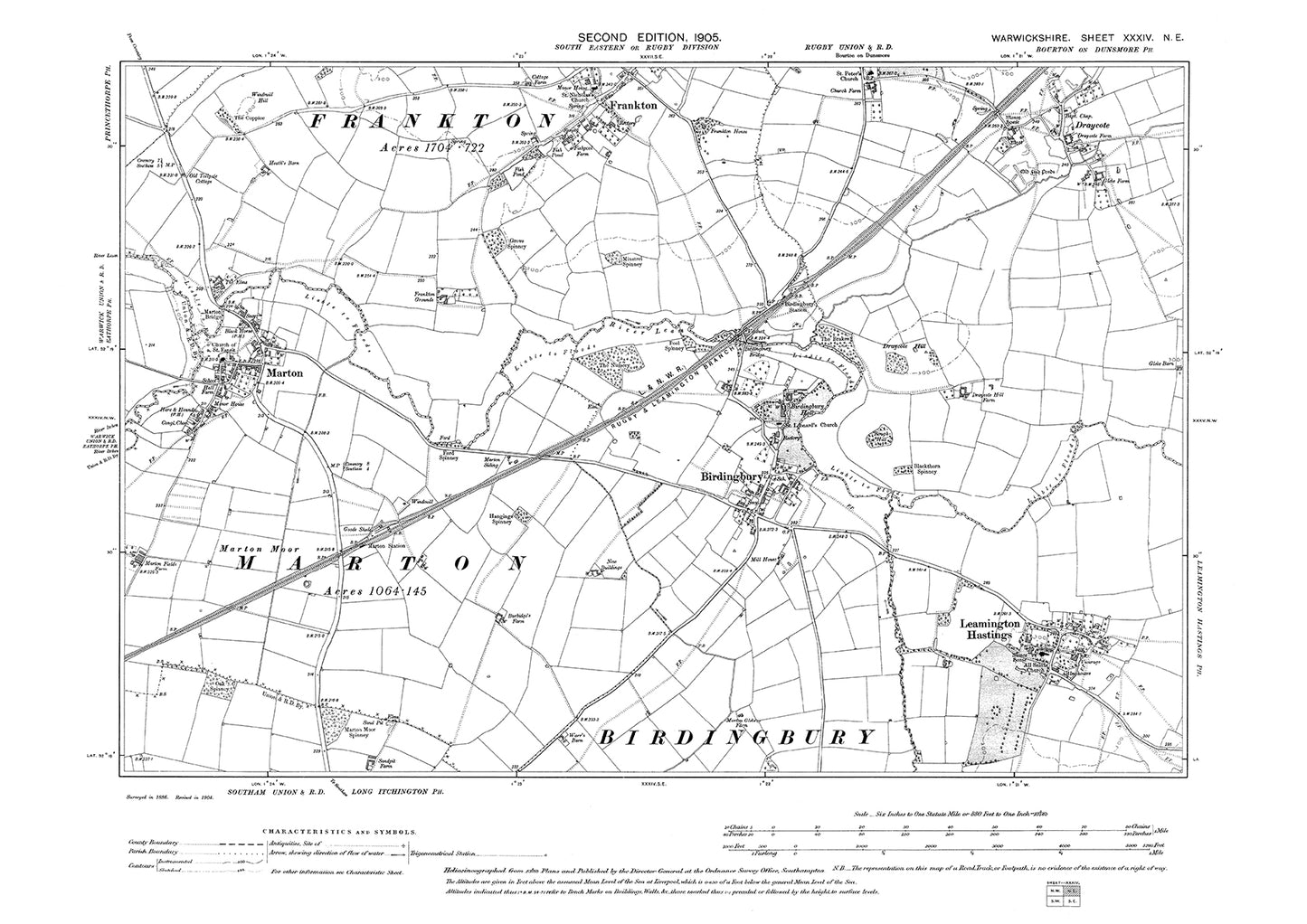 Birdingbury, Marton, Frankton, Leamington Hastings, old map Warwickshire 1905: 34NE