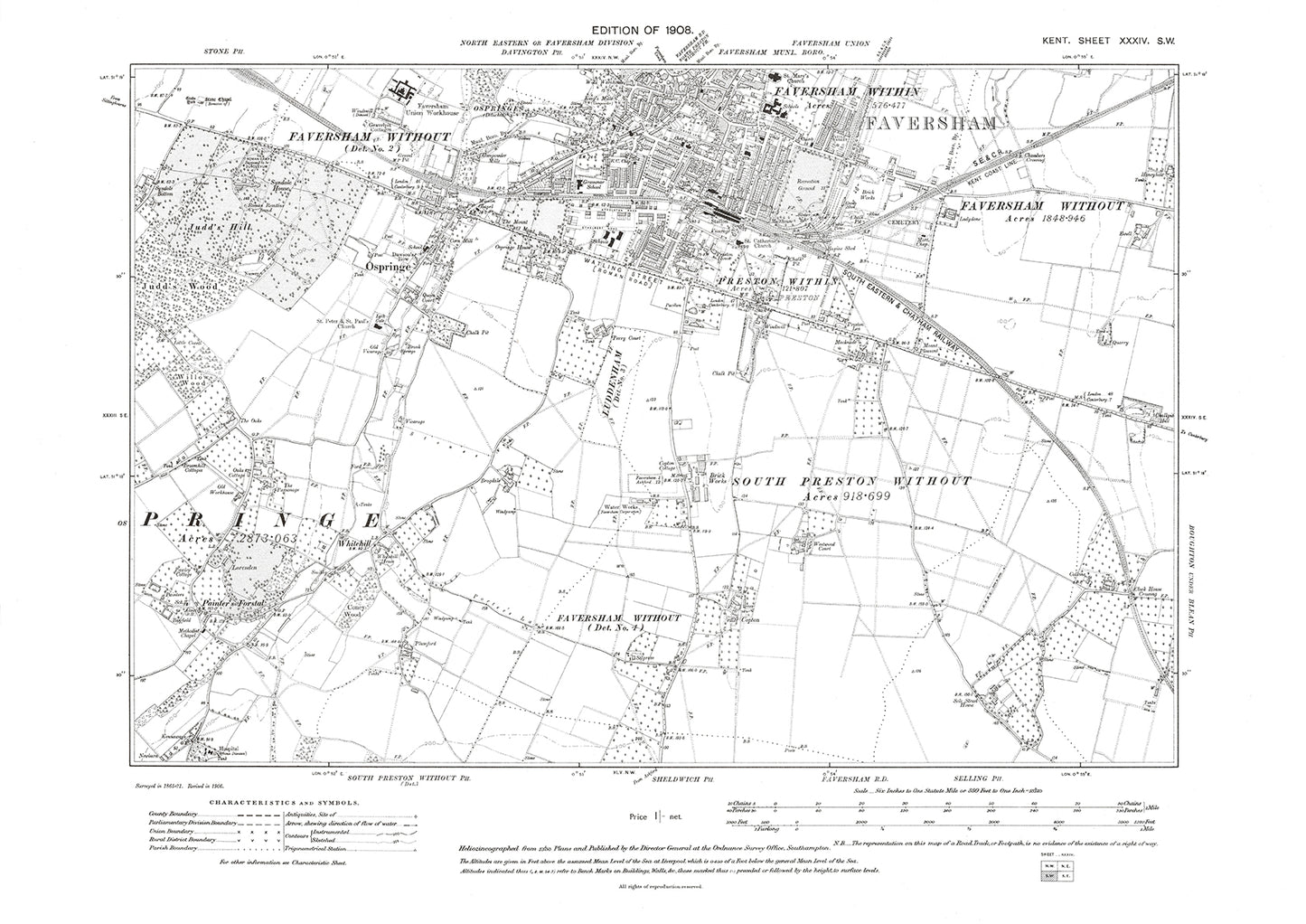 Faversham, Ospringe, Pringe, old map Kent 1908: 34SW