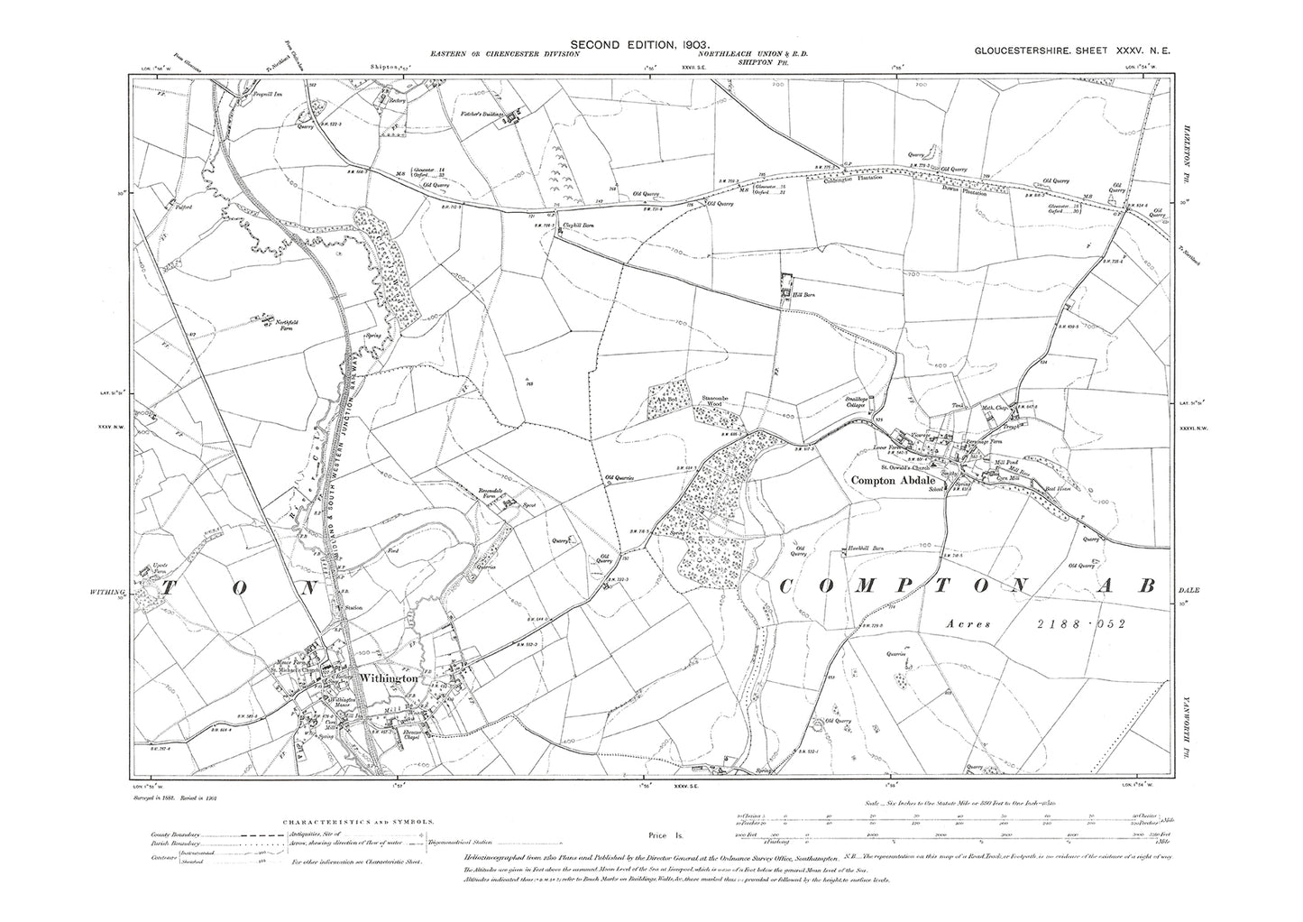 Old OS map dated 1903, showing Withington, Compton Abdale in Gloucestershire - 35NE